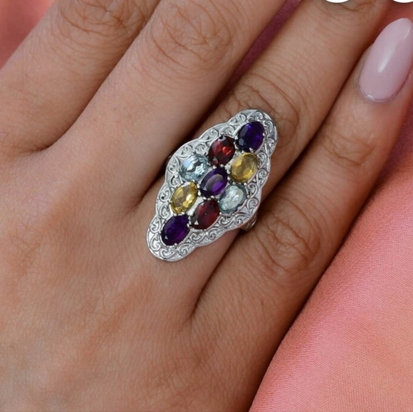 🆕️ Size 5 Multi Genuine Gemstone Cluster Ring In Stainless Steel - Picture 5 of 6